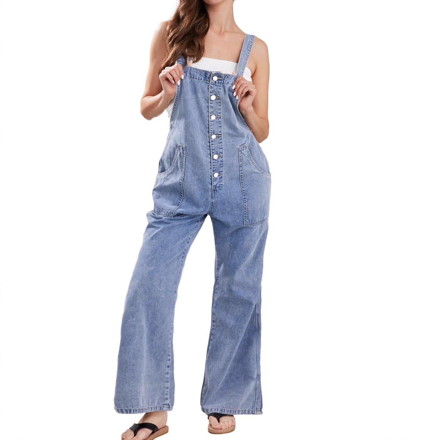 Womens Casual Loose-fit Straight-leg Overalls