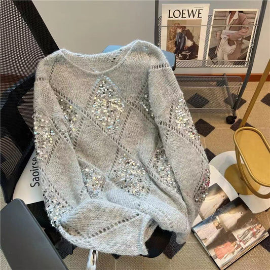 Heavy-duty Sequin Loose And Laid-back Thin Sweater With Patchwork Long Sleeves