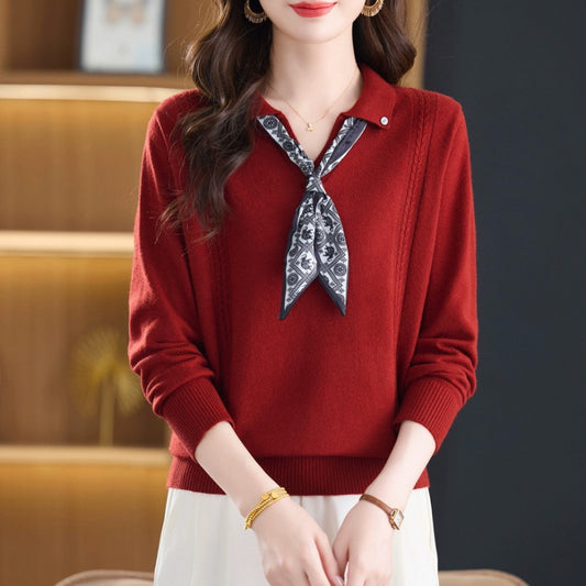 Womens Polo-neck Long-sleeve Knit Sweater