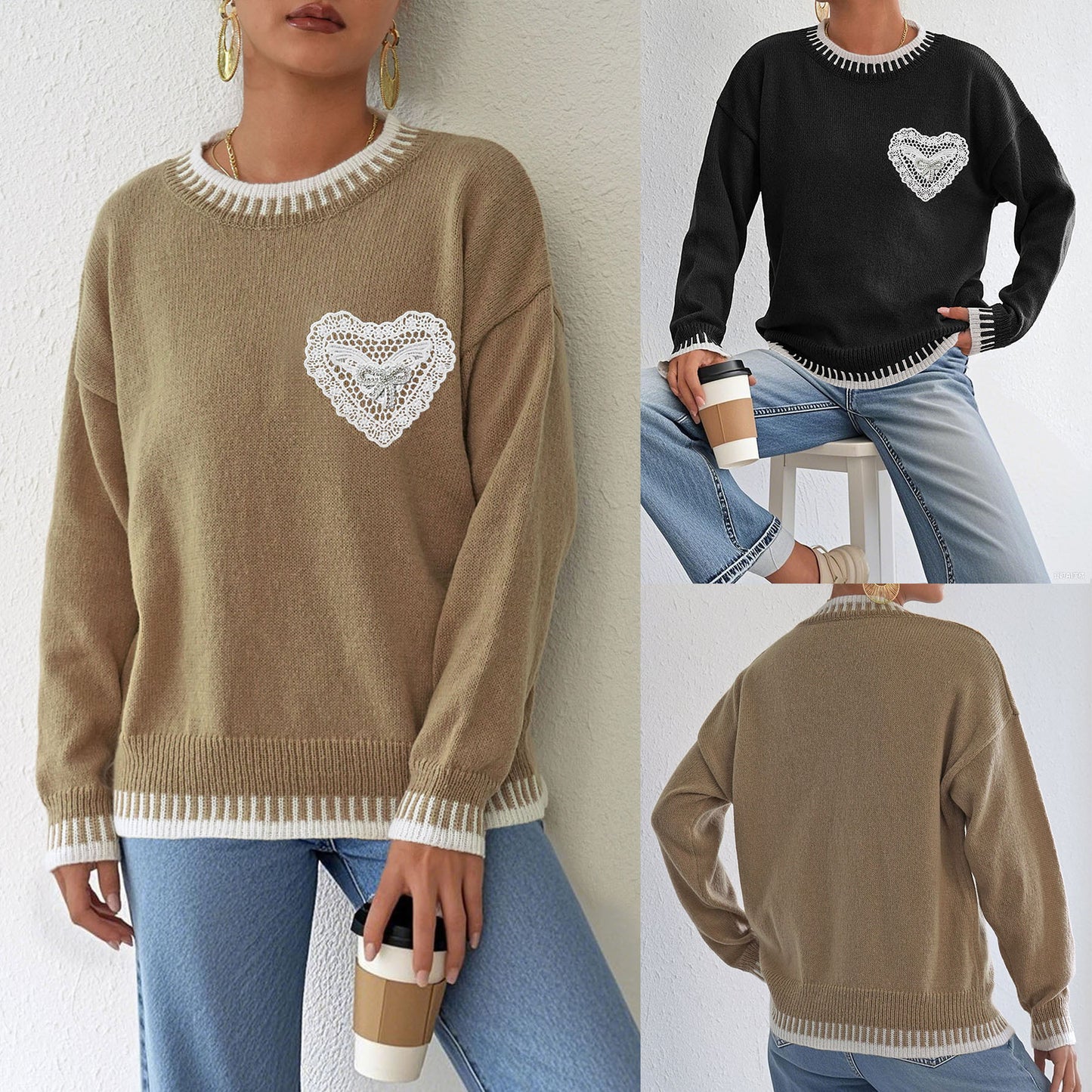 Women's Color Contrast Patchwork Pullover Loose Sweater