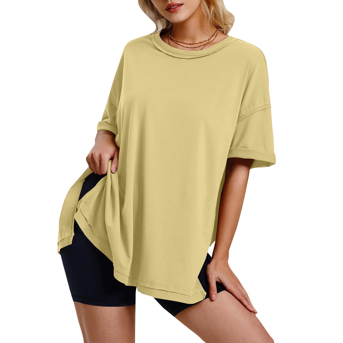 Women's Solid Color Cotton Round Neck Slits On Both Sides Loose T-shirt