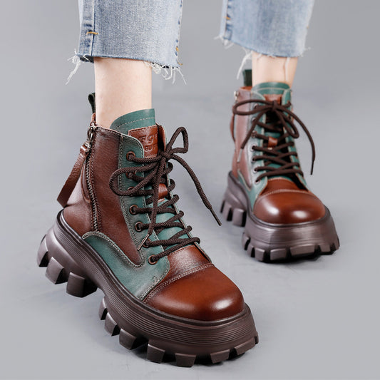 Thick-soled Leather Colorblock Vintage Martin Boots