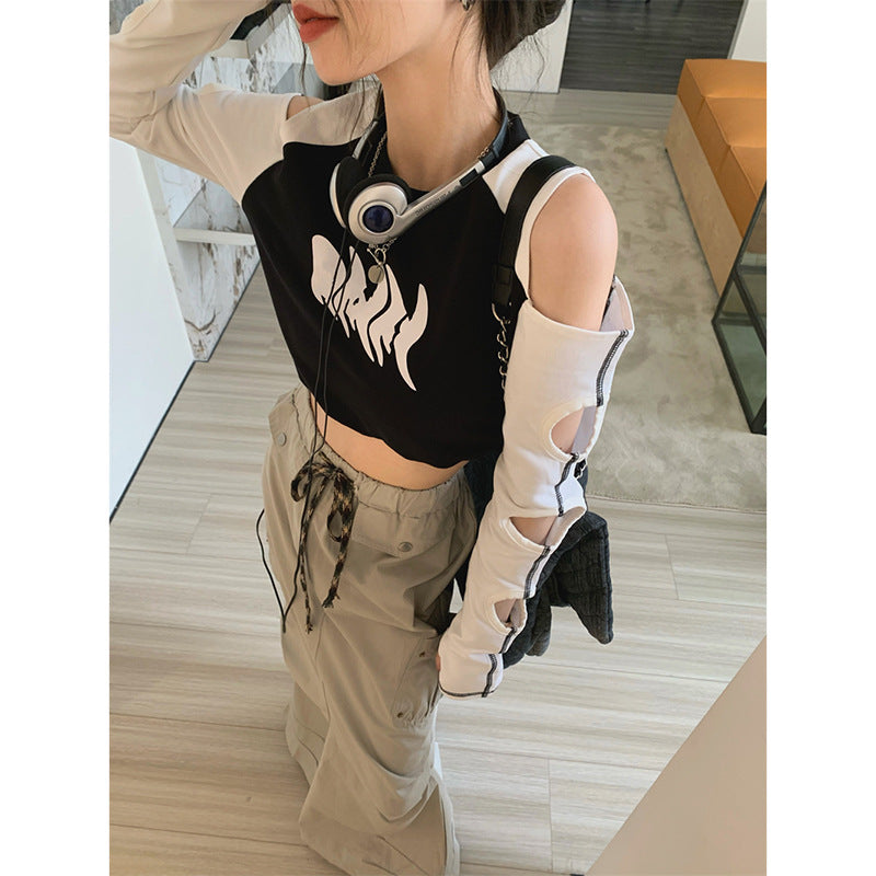 Spicy Girl Design Cut-out Off Shoulder T-shirt
