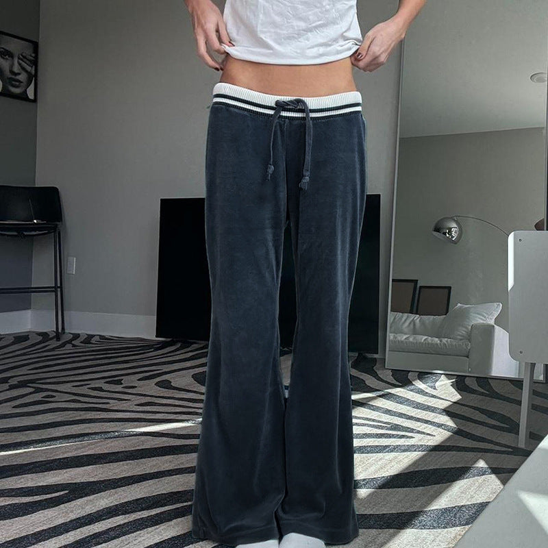 New Contrast Color Striped Waist Head Fleece-lined Bell-bottom Pants