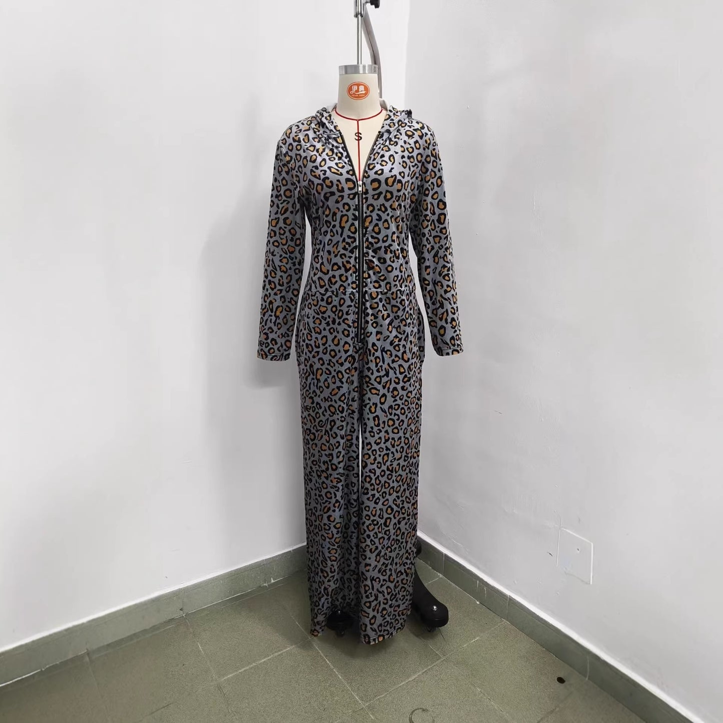 Velvet Look Leopard Print Loose Fitting Wide Leg Jumpsuit With A Hood