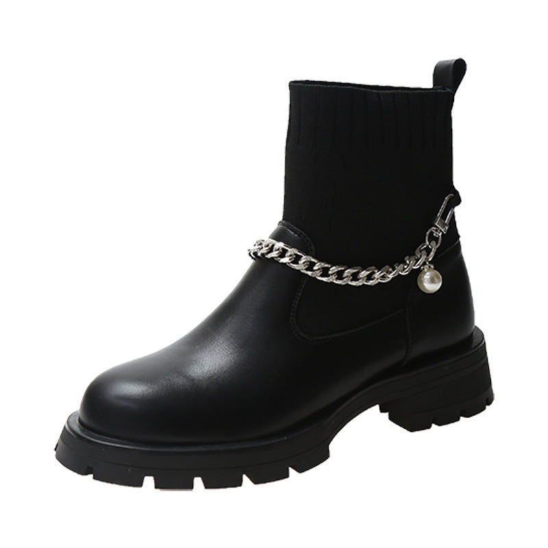Retro Style Chain Martin Knitted Stretch Two-wear Short Boots
