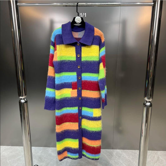 Retro Lazy Style Rainbow Striped Cardigan Sweater