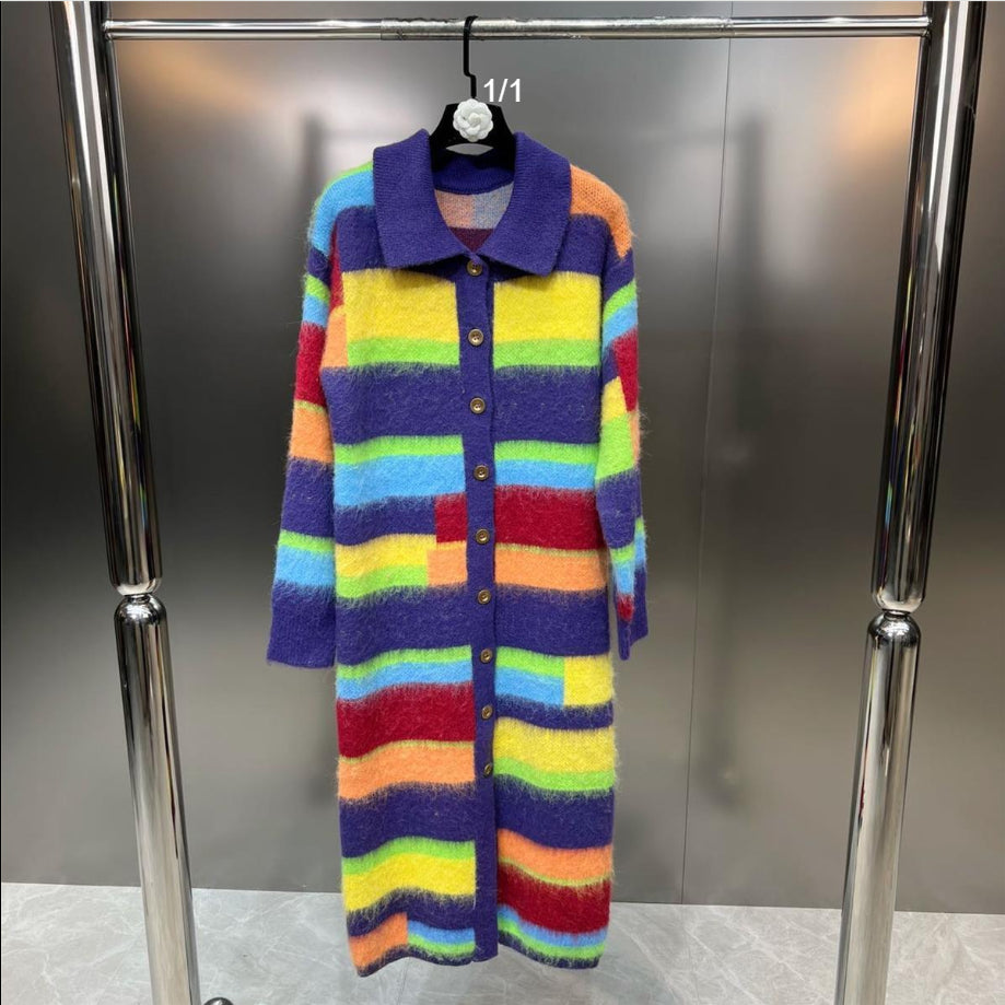 Retro Lazy Style Rainbow Striped Cardigan Sweater