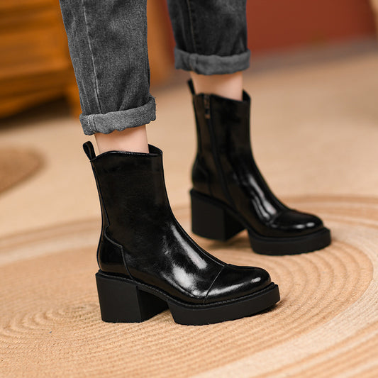 Women's Round Toe Horse Oil Leather Ankle Boots