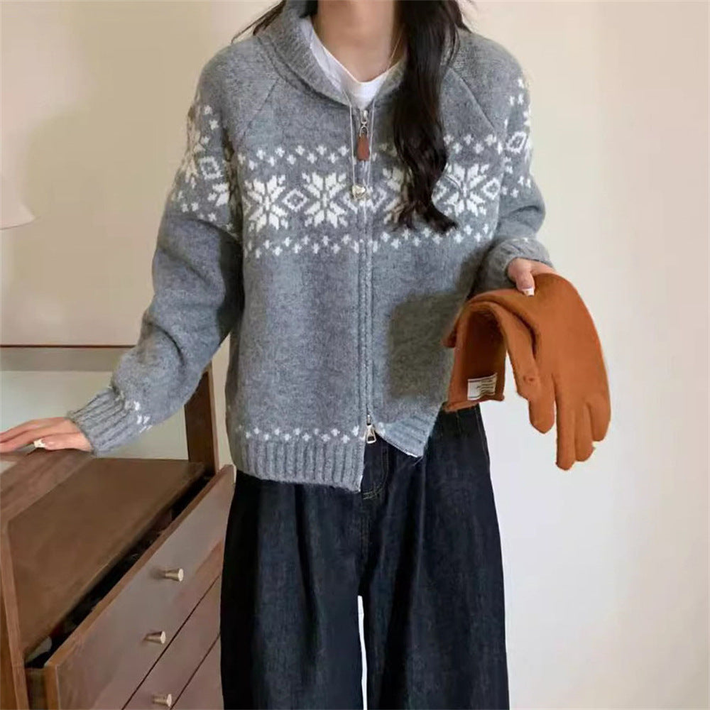 Retro Contrast Color Jacquard Weave Zip Sweater Women's Coat