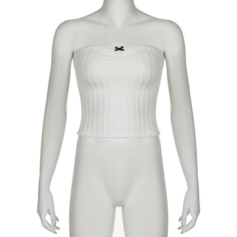 Little Woman Bow Stitching Pure Color Tube-top Top