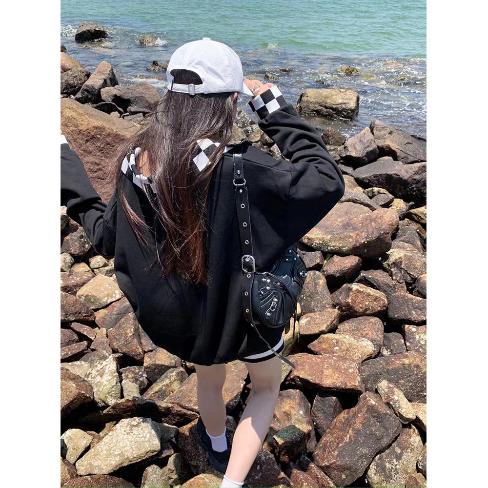 Letter Checker Lapel Pullover Sweatshirt