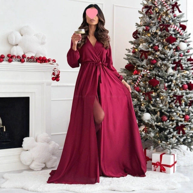 Solid-color Long-sleeve Tie-front Maxi Dress For Women