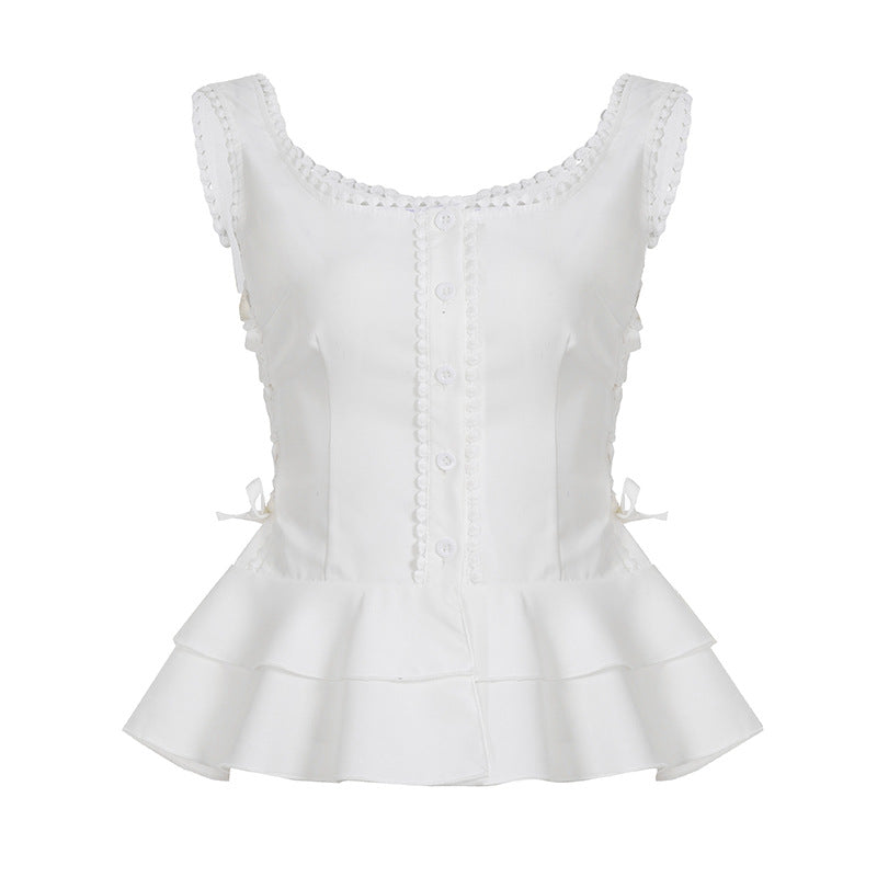 U Collar Lace Button Cardigan Vest For Women