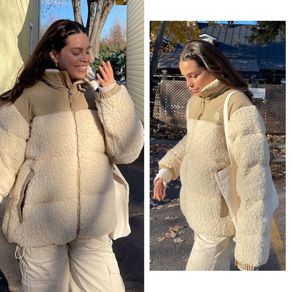 Women's Apricot Color Stitching Short Lamb Cashmere Jacket