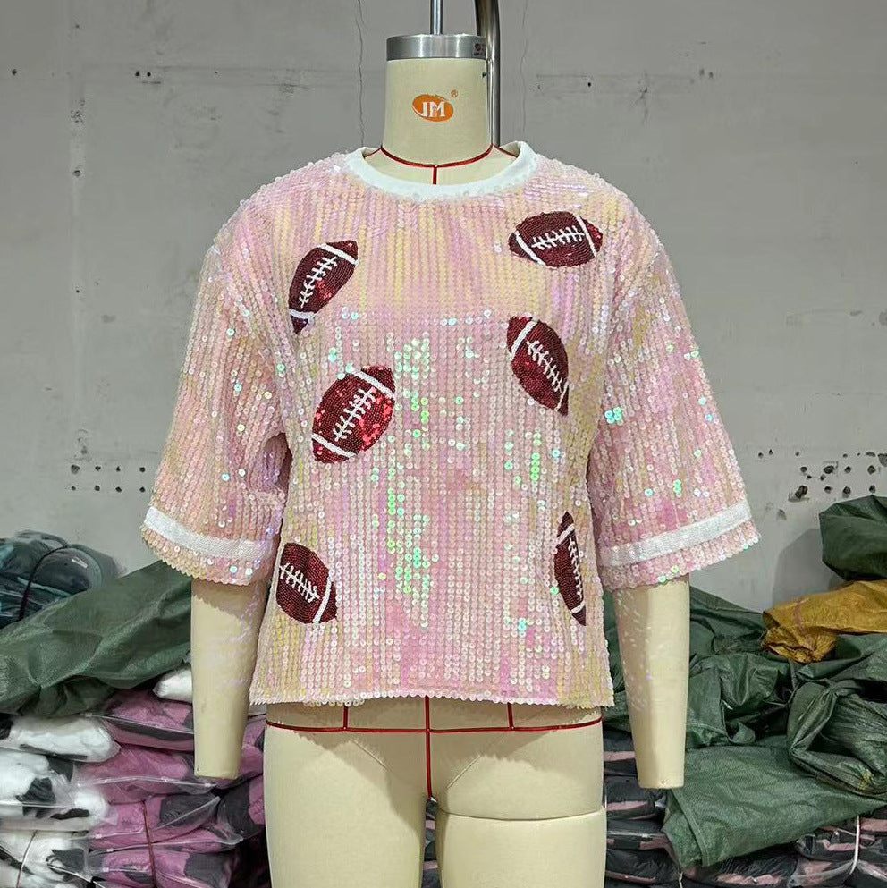 Women's Sequined Top Rugby Casual Loose