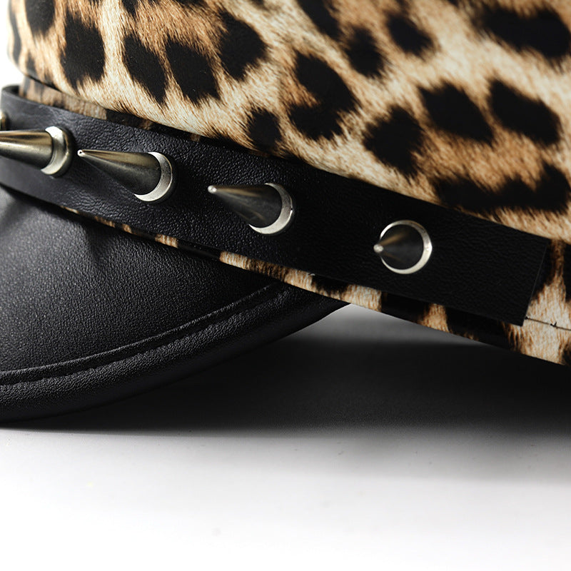 Leopard Print Leather Hat Punk Rock Beret Leather Summer And Autumn