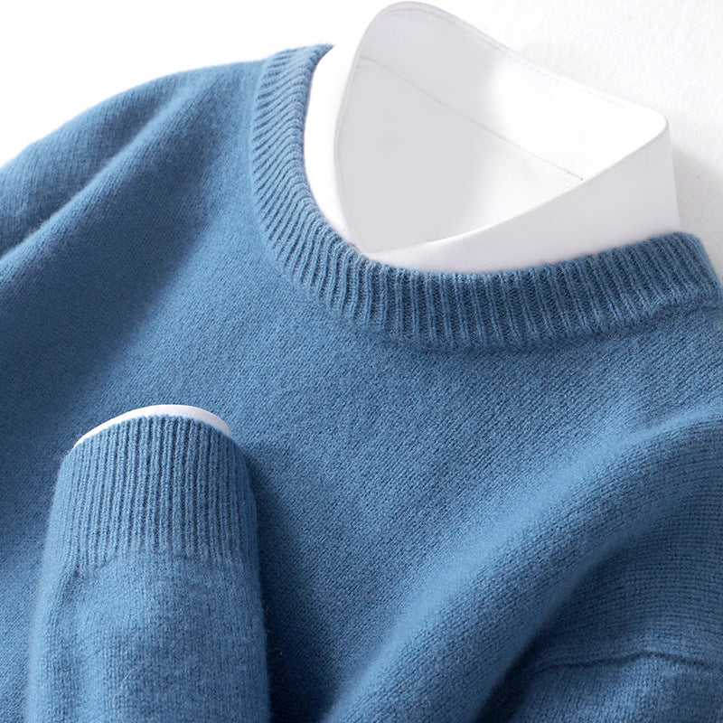 Mænds tykke pullover fåreuldssweater løs rundhals ensfarvet sweater