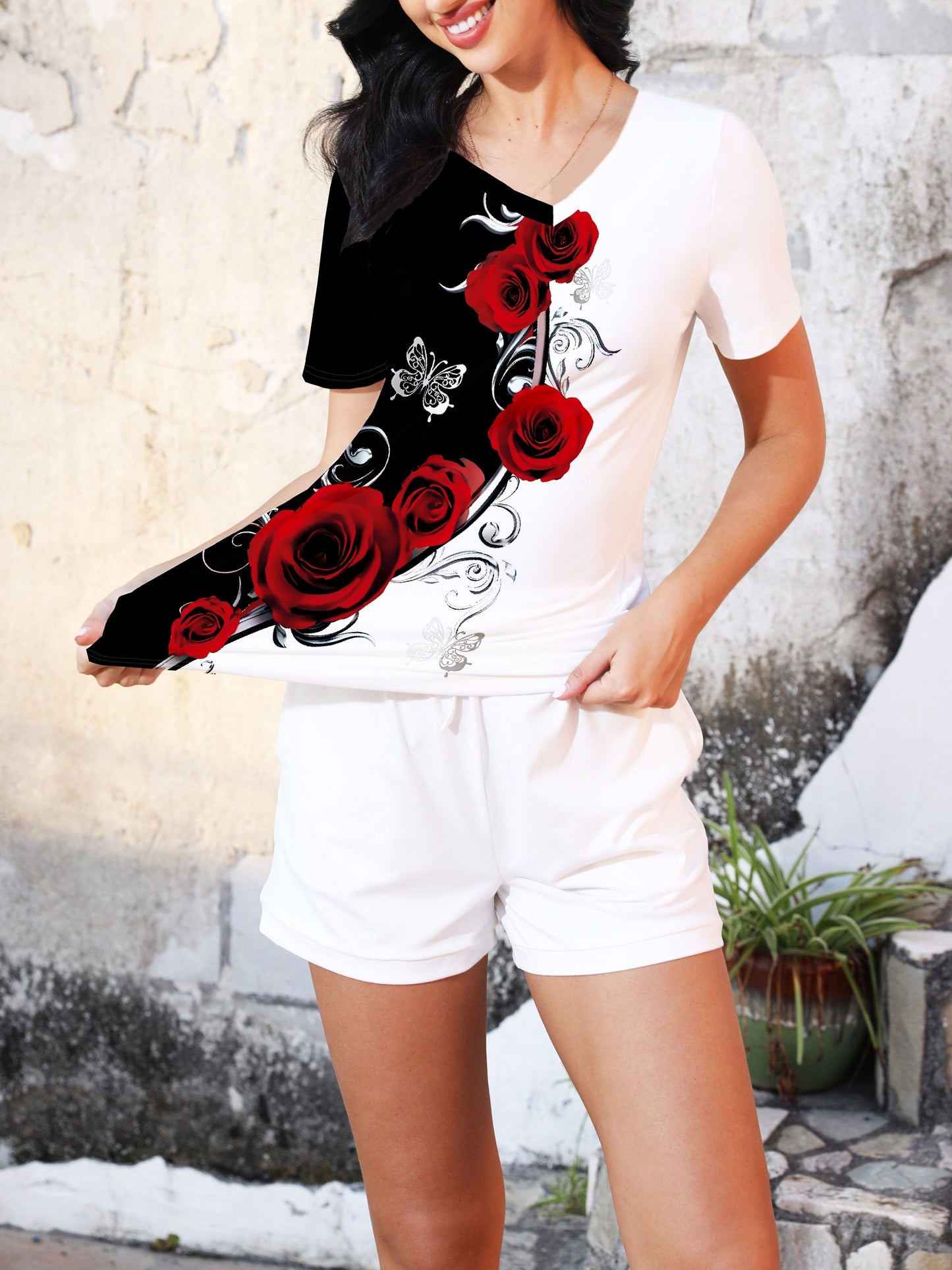 Elegant V-neck Rose Butterfly Printed Short Sleeved T-shirt