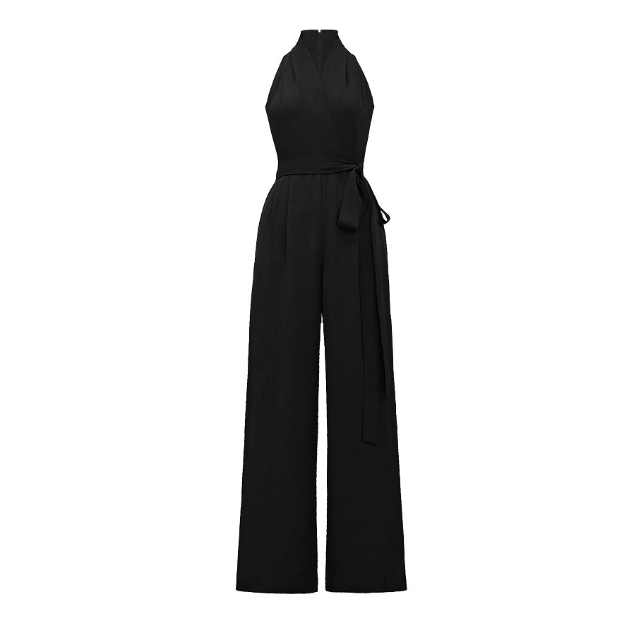 Jumpsuit med udskårne skuldre, halterneck, V-hals, ensfarvet, vide ben