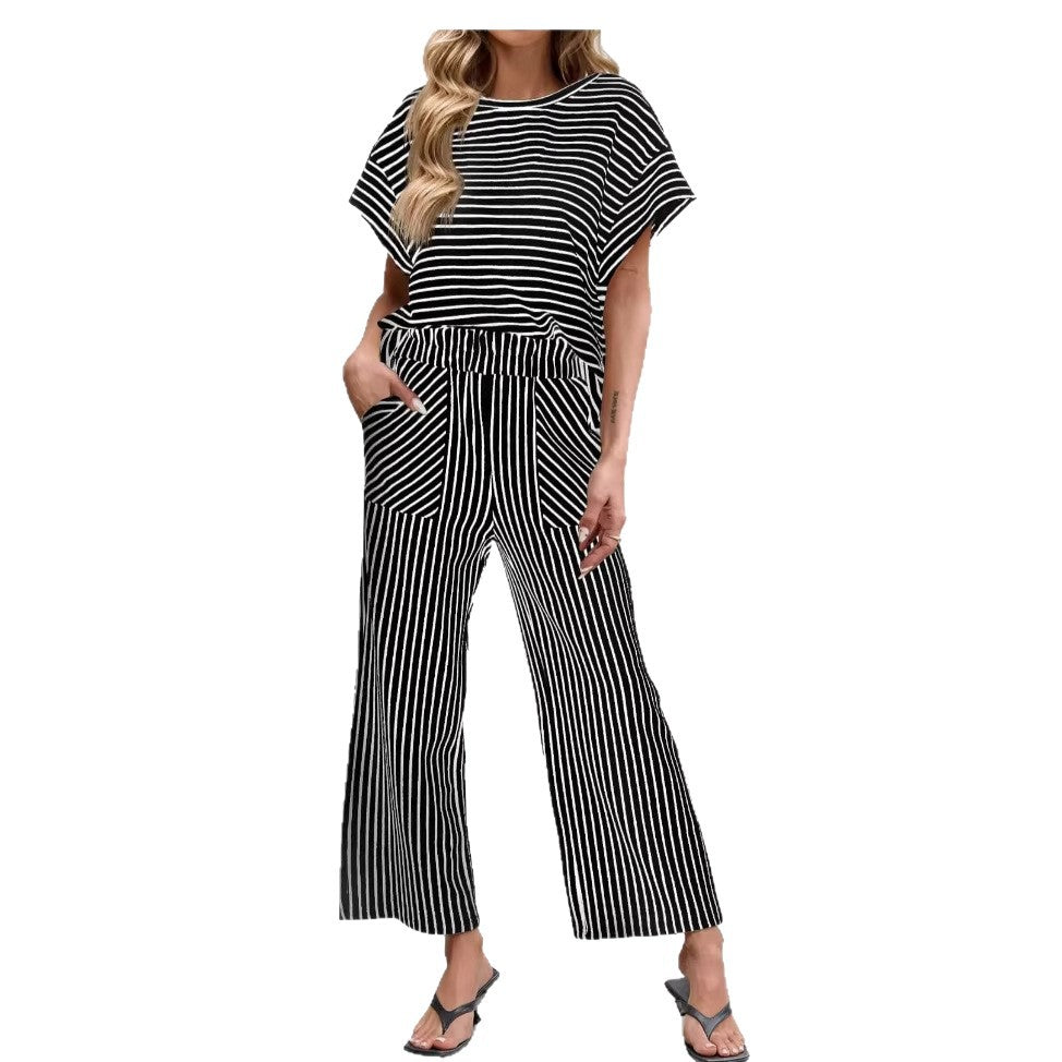 Womens Striped Short-Sleeve T-Shirt And Wide-Leg Pants Set With Pockets