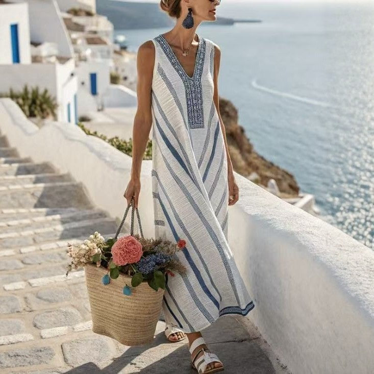 Printed Vacation-Style V-Neck Striped Sleeveless Dress