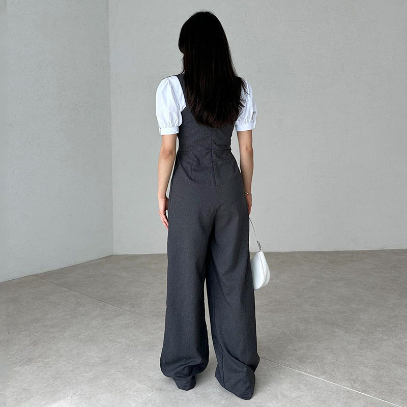 Solid Color High Waist Loose Wide Legs Trousers Sleeveless Jumpsuit