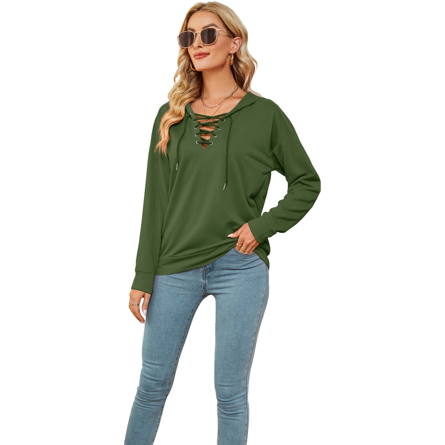 European And American Women's Solid Color Hooded Sweater With Collar Straps