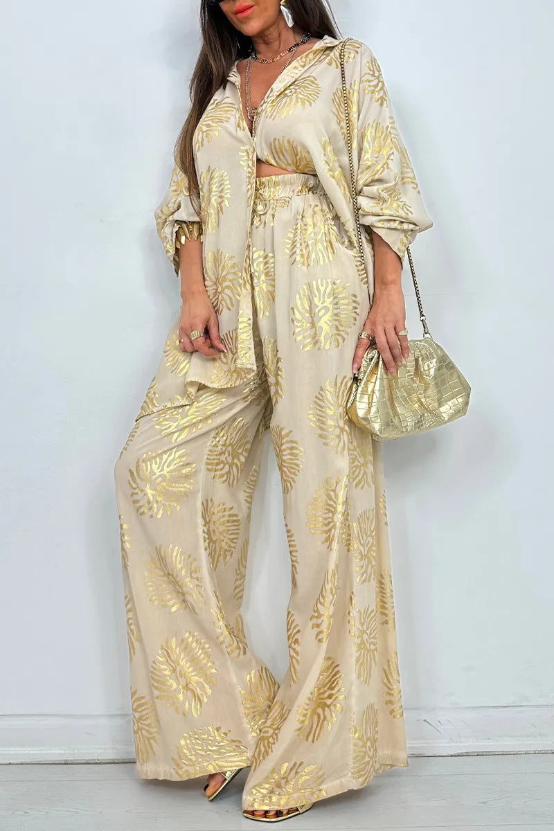 Women's Lapel Print Loose Casual Long Sleeve Set