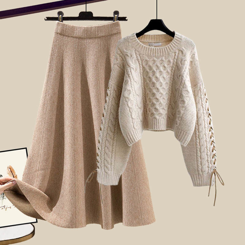 Stylish Figure-flattering Knit Sweater And Skirt Two-piece Set