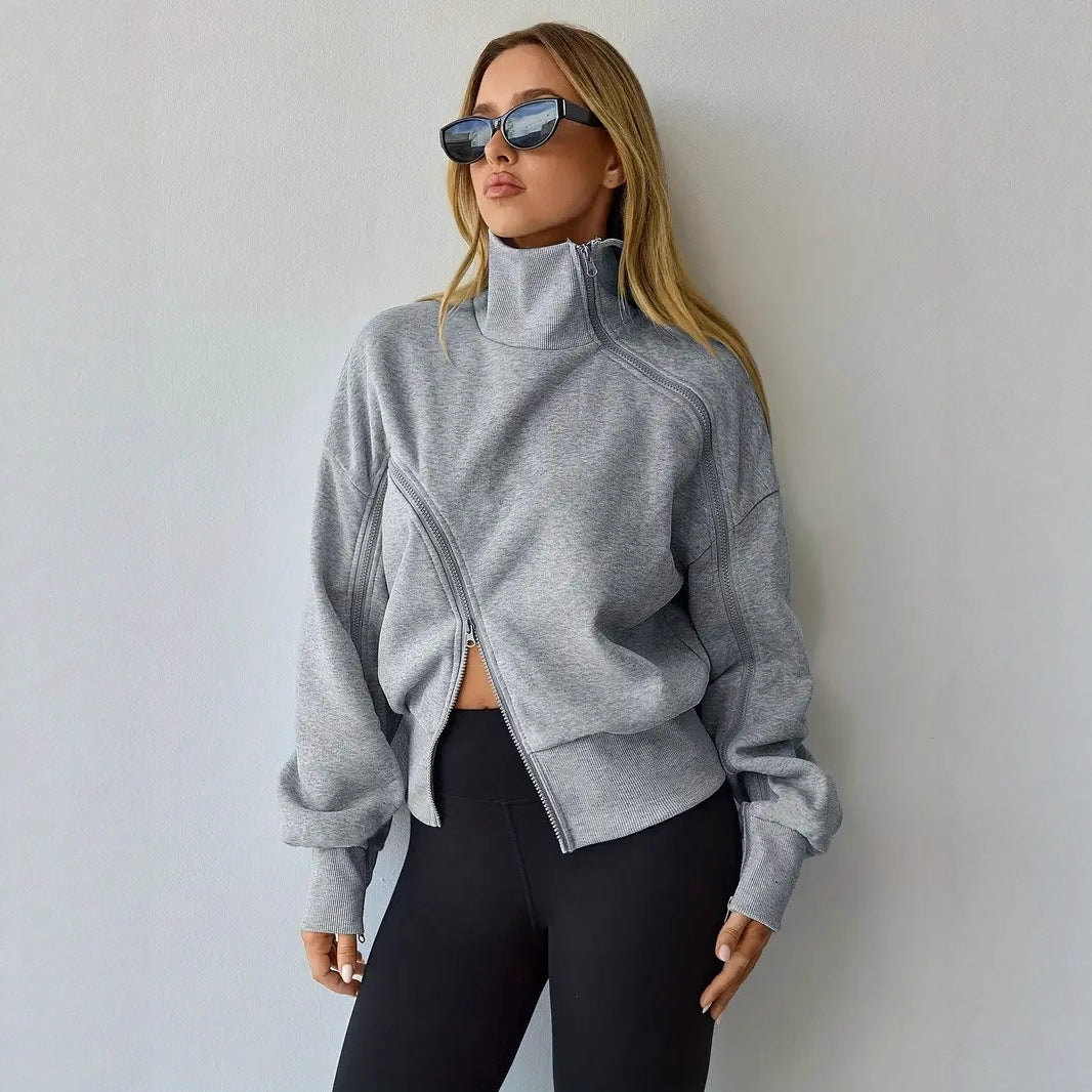 Contrast-color Zipper Short Chic Mock-neck Hoodie