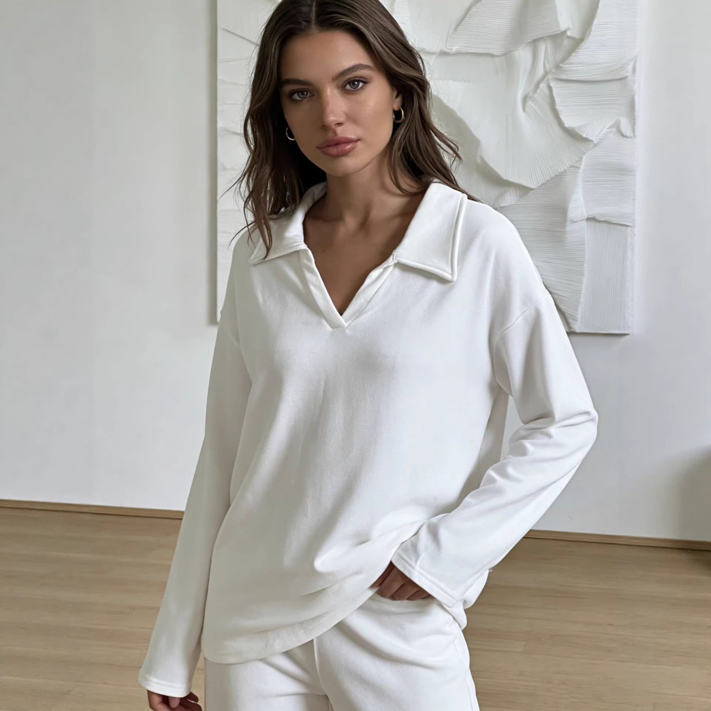 In Stock Springsummer Knit Polo-neck Long-sleeve Pullover And Trousers Two-piece Set