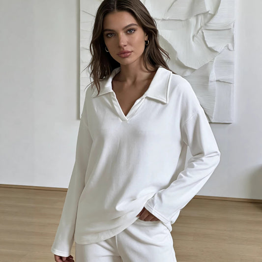 In Stock Springsummer Knit Polo-neck Long-sleeve Pullover And Trousers Two-piece Set