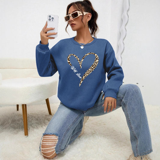 Leopard Vildt Hjerte Mønster Print Kvindelig Sweatshirt Sæt Pels-L