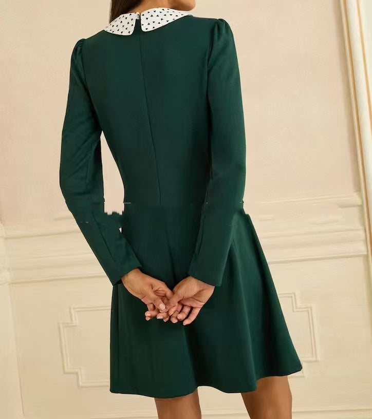 Notch-collar Long-sleeve Mid-length Dress With A Tie