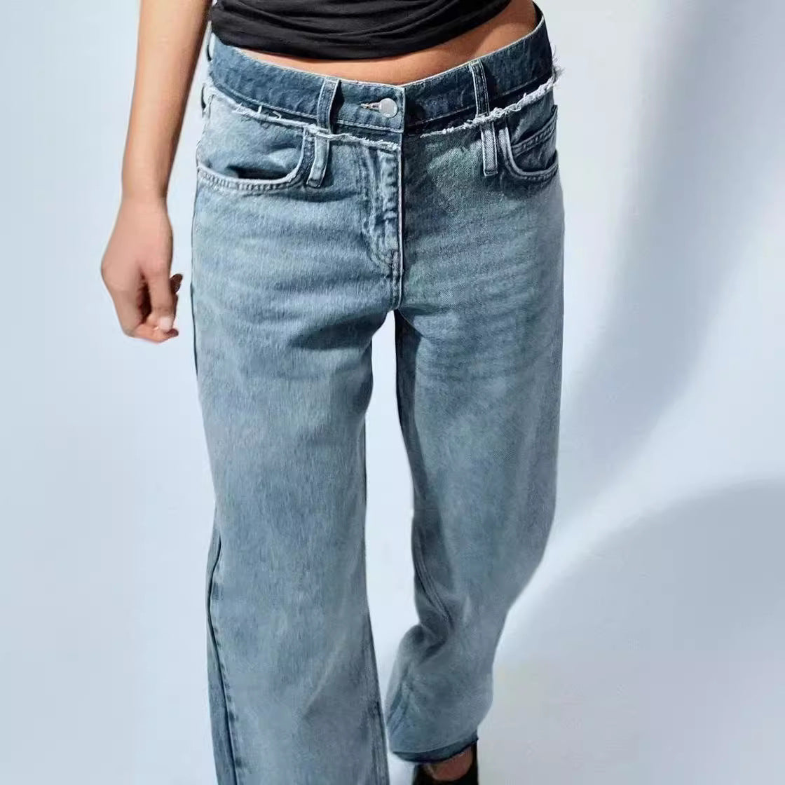 High Waist Straight Double-layer Jeans