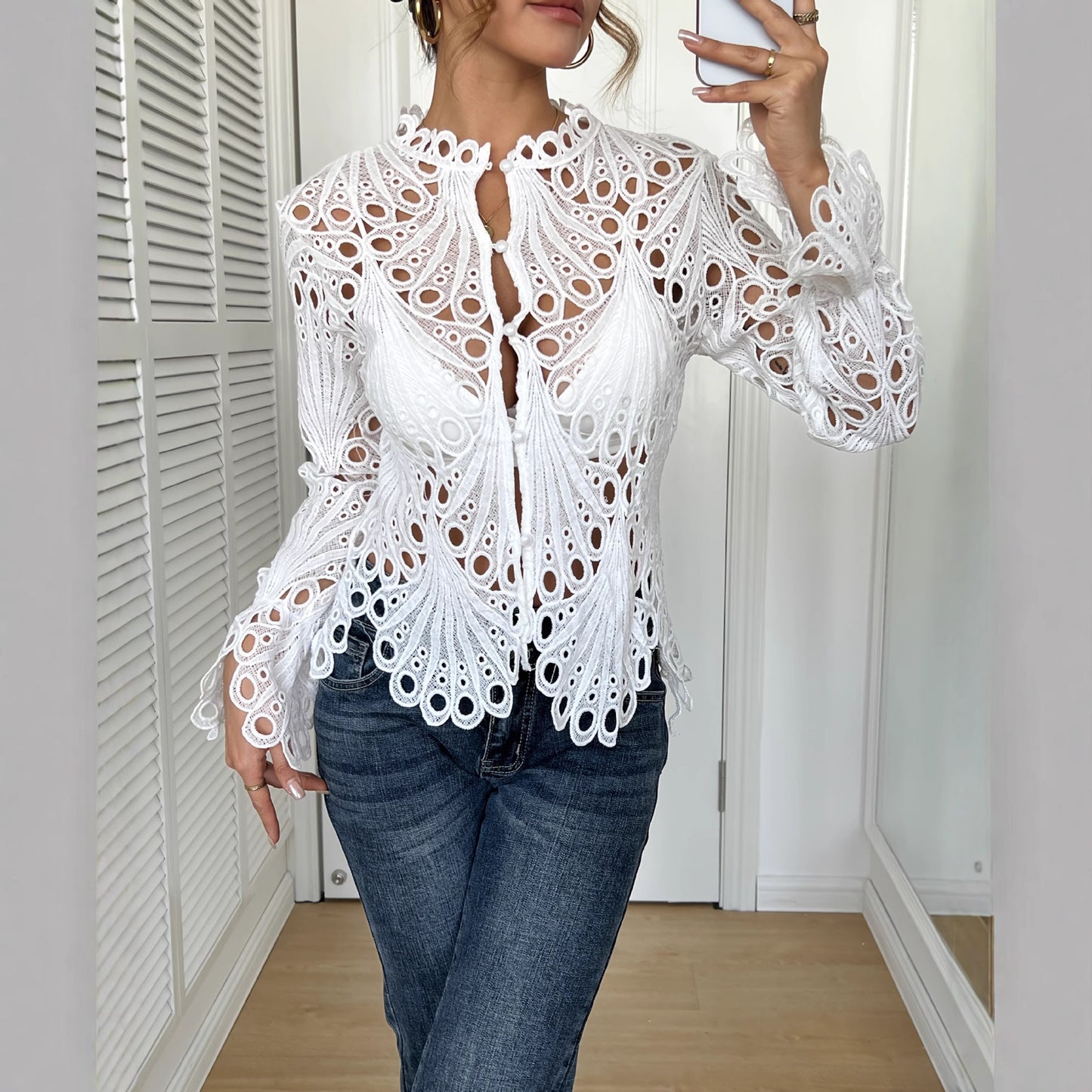 Sexy Cutout Flared-Sleeve Breathable Knitted Lace Womens Top
