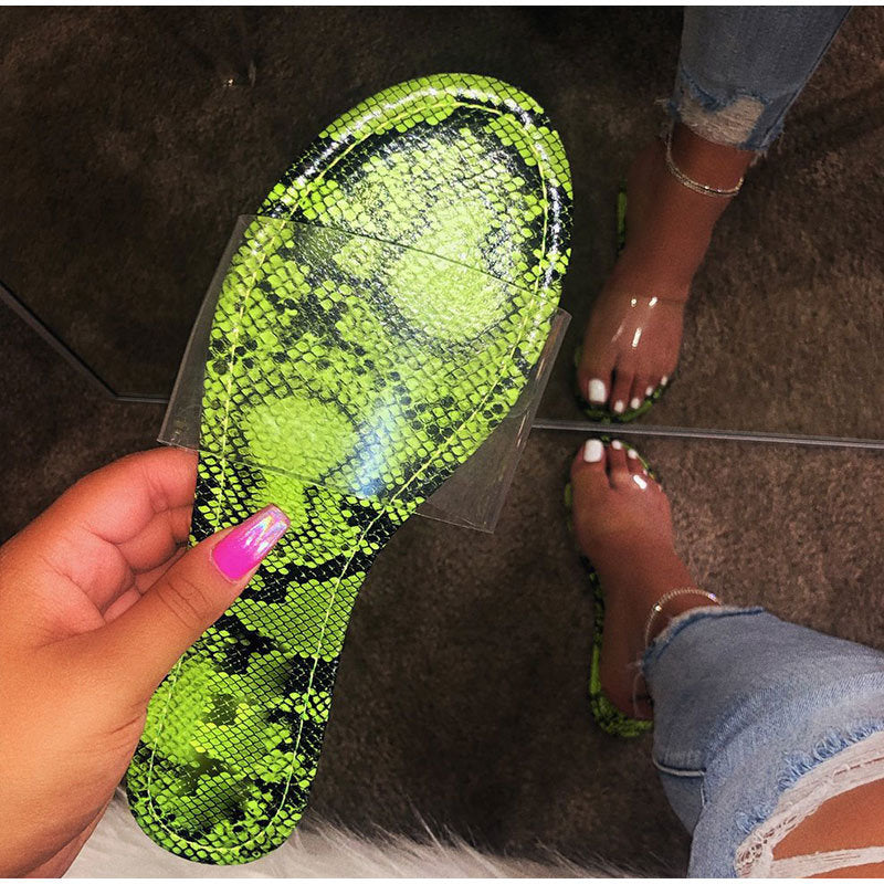 Summer New Women's Fluorescent Snake Pattern Transparent Flat Slippers