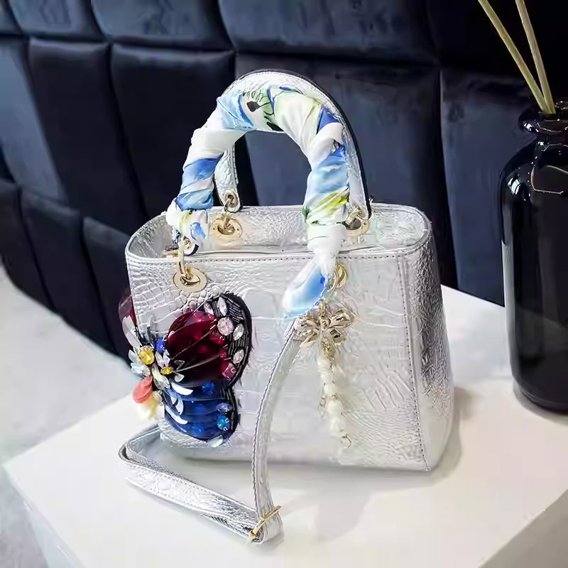 Womens Chinese-style Butterfly Headdress With Diamonds And Colorful Rhinestones Crossbody Bag