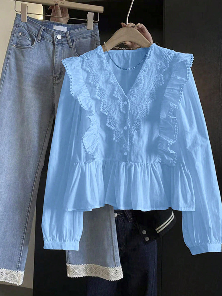 Womens Casual Solid-Color Lace-Patchwork Ruffle-Trim Long-Sleeve Top