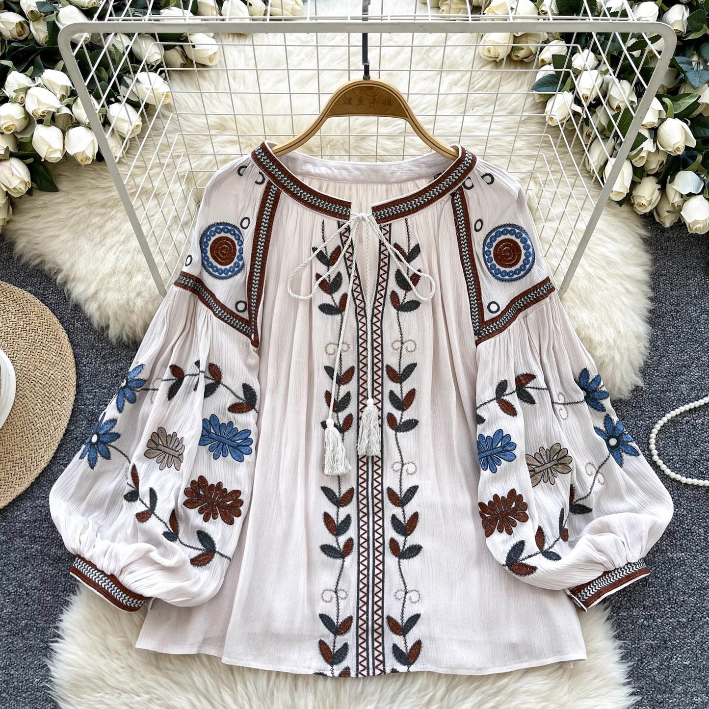 Round Neck Tie Lantern Sleeve Women's Autumn New Loose Shirt