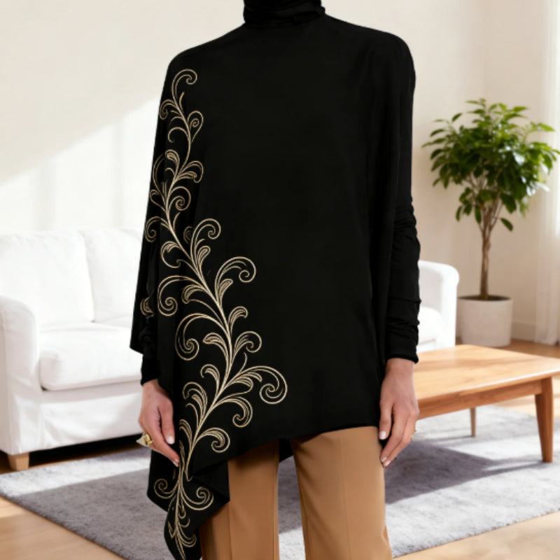 Turtleneck Baroque Pattern Asymmetric Hem Long-Sleeve Shirt