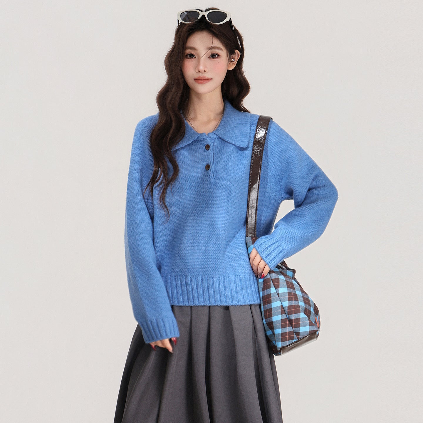Blue Lapel Knitted Sweater Women's Top