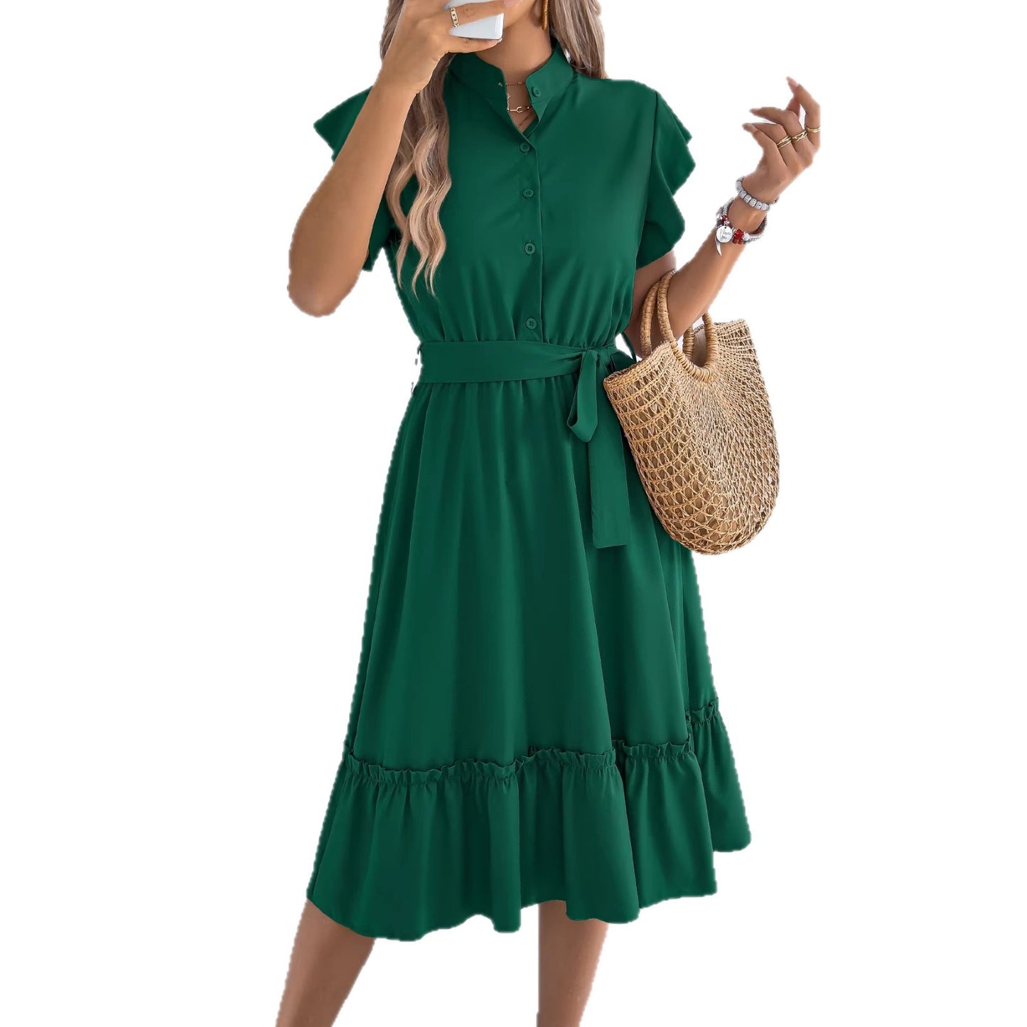 Stand-collar Ruffled Shirt Dress With A Tie Waist