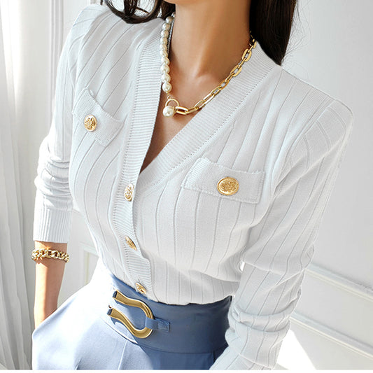 V-neck Slim-fit Slim-fit Right-angle Shoulder Long-sleeved Knitted Cardigan