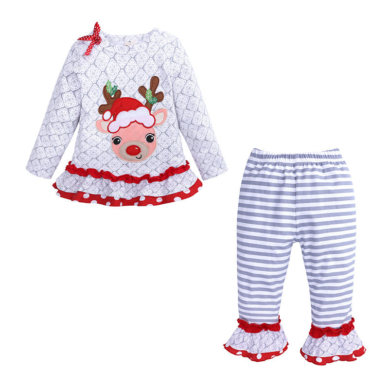 Christmas Children's Clothing Girls' Long-sleeved Reindeer Top Striped Pants Set