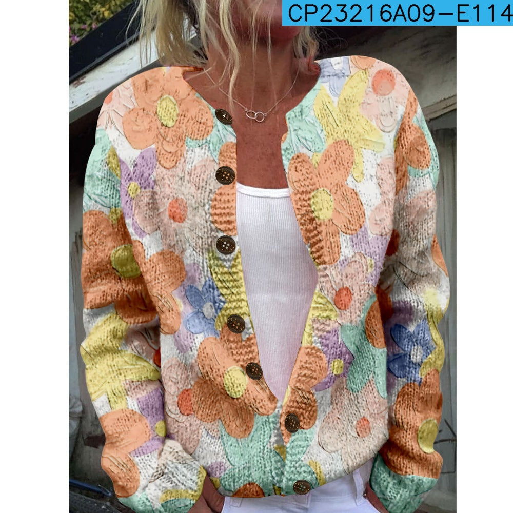 Ny strikket cardigan med 3D-print i løs pasform til damer – efterårs- og vinterstil