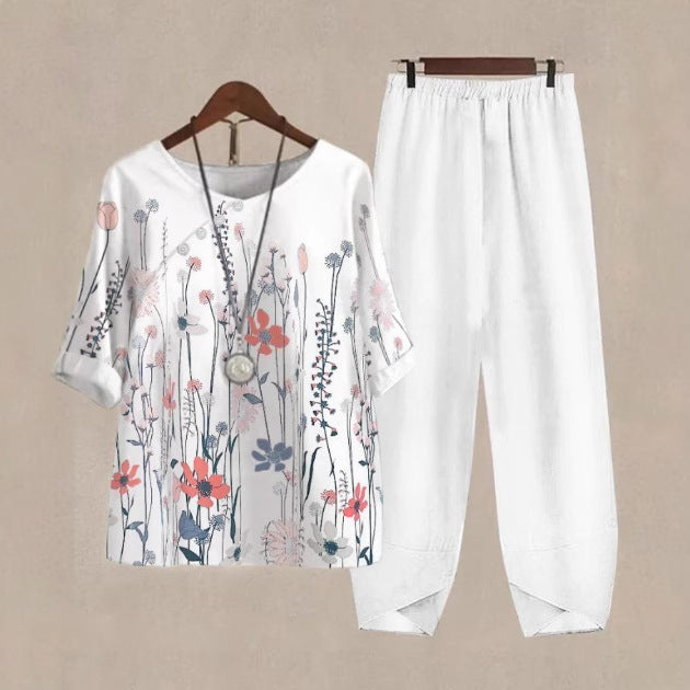 Womens Casual Crew-Neck Cropped-Sleeve Top Set