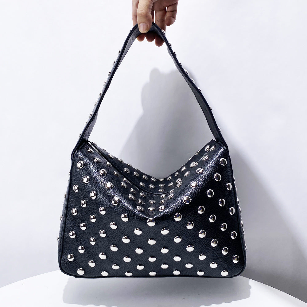 Stylish Edgy Niche Underarm Shoulder Bag With Rivet Detailing