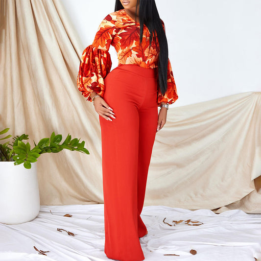 Printed Lace Up Top Wide Leg Pants Suit